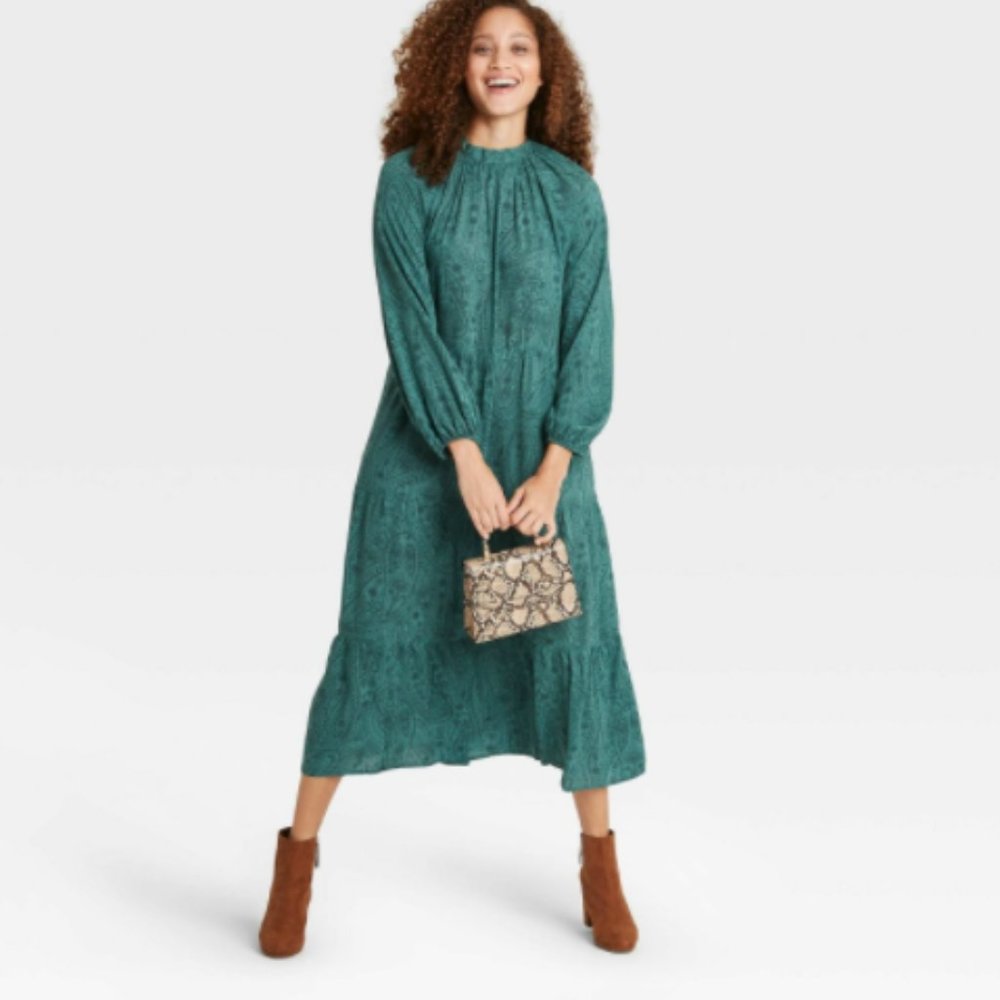 A NEW DAY Dress Printed Floral Boho Green Long Sleeve Tiered Womens - Picture 4 of 8